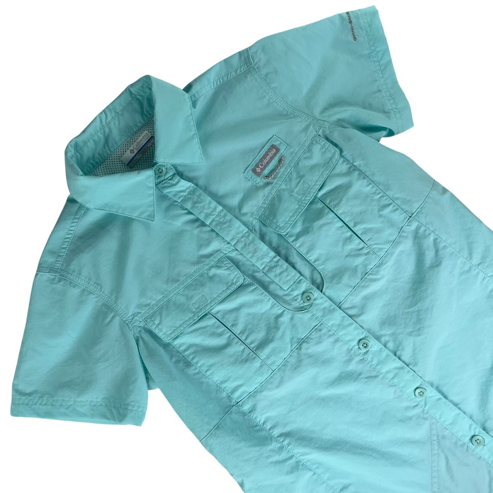 Columbia Omni Shield Fishing Shirt Womens XS Blue Vented Hiking Travel Outdoor